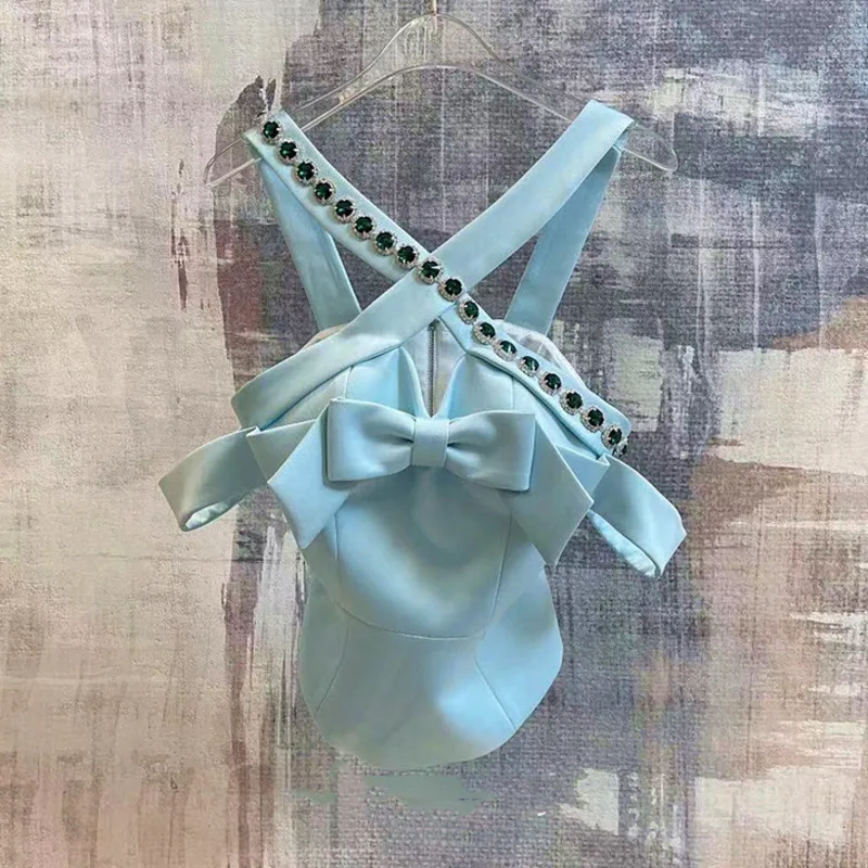 

DEAT 2021 New Women Fashion Slim Blue Slash Neck Sleeveless Patchwok Diamond Sexy Bow Camisole Top Summer And Autumn 7E7082