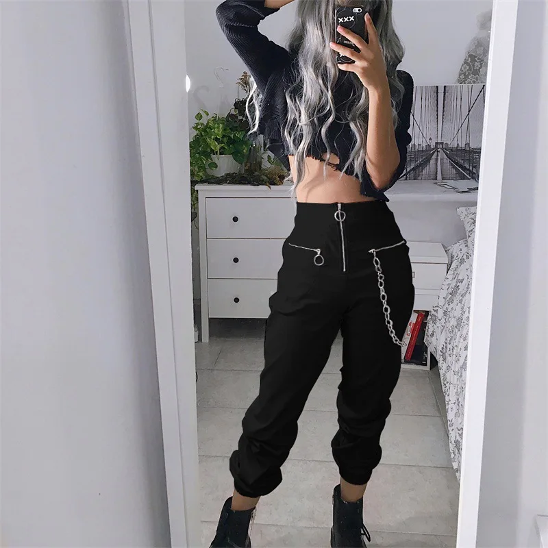 

NCLAGEN Harajuku Streetwear Women Sweat Pants Female Long Trousers Gothic Punk Grunge Harem Pants With Chains Casual Capris