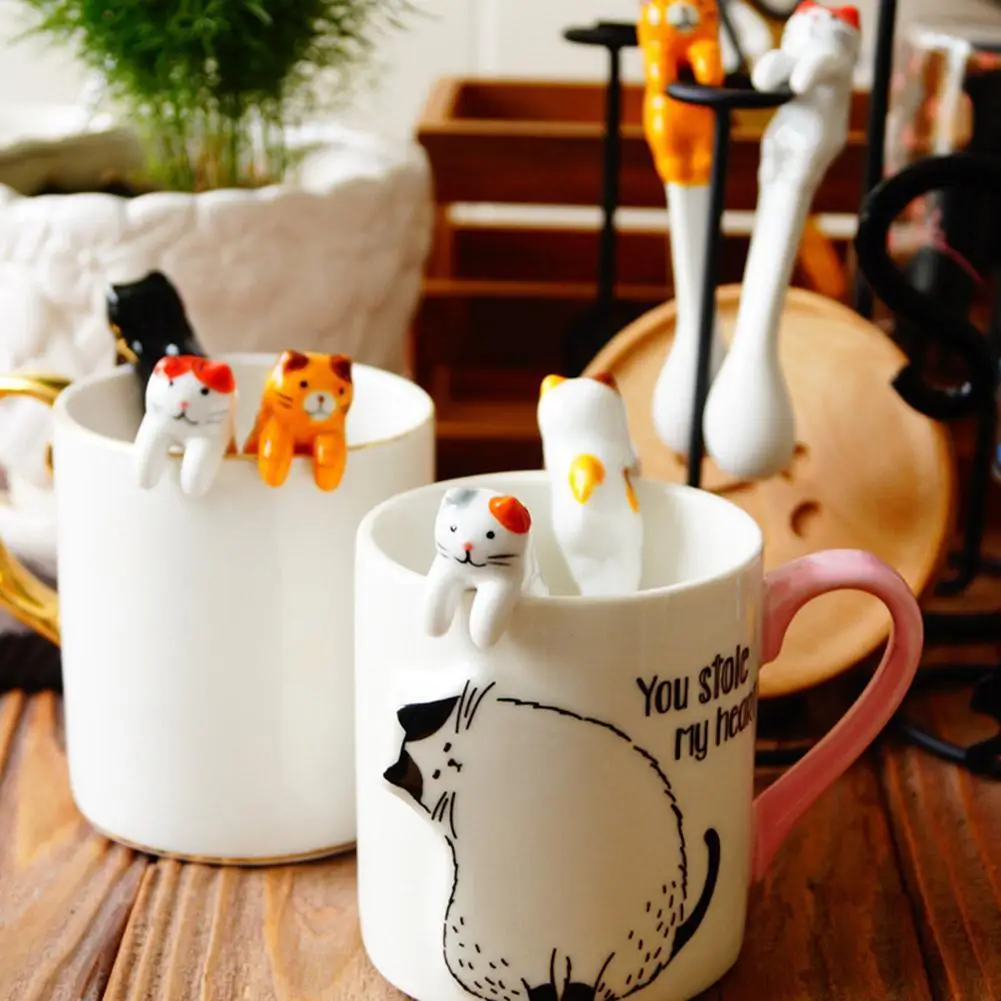 

Hot SALE Novelty Gift Ceramic Cartoon Cute Cat Animal Ice Spoon Coffee Flatware Unique Kitchen Spoon Dessert Cream Hanging M1U5