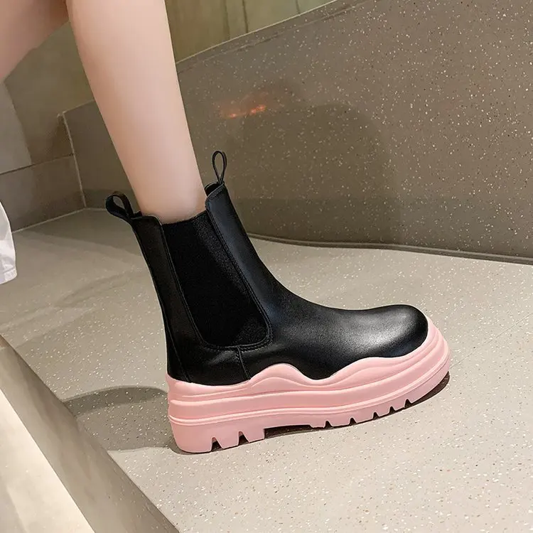 

INS Platform Chelsea Boots Genuine Leather Round Toe Women's Short Boots All Season Party Shoes All-match Botas Femininas