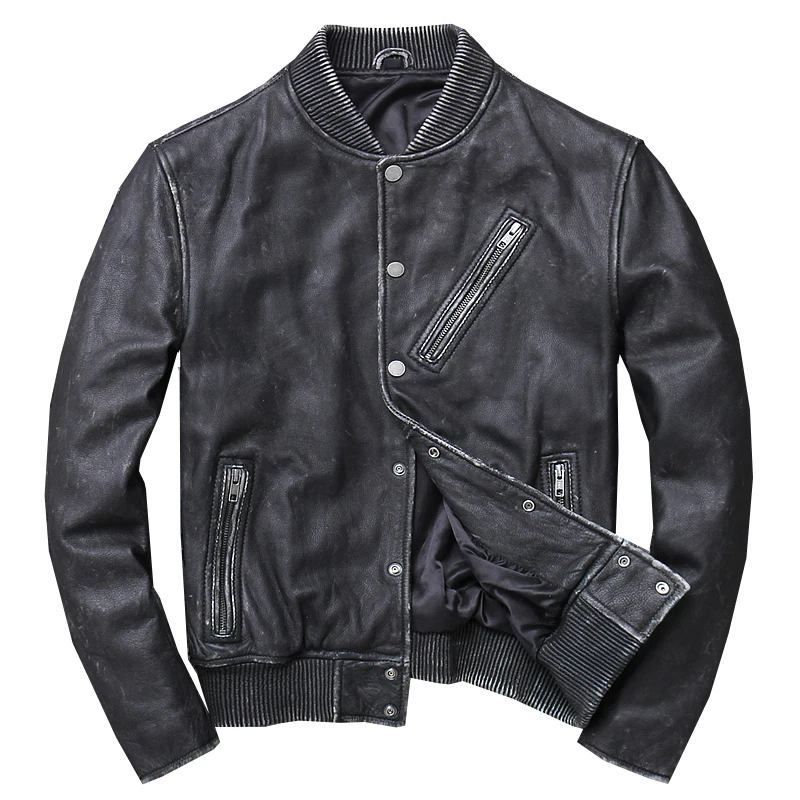 

Plus Size Mens Cow Skin Leather Jacket Vintage 5XL Biker Genuine Leather Jacket For Men