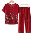 Футболка и штаны с цветочным принтом, 1 комплект, свободная тонкая пижама из двух предметов с коротким рукавом, комплект для сна для женщин среднего возраста