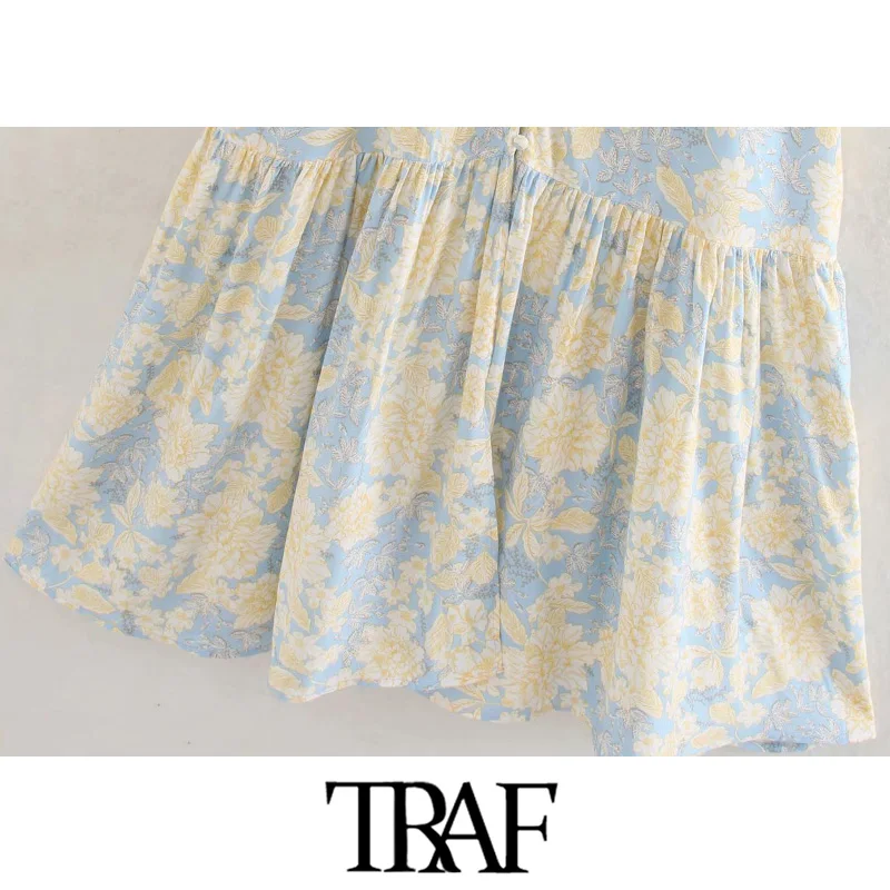 

TRAF Women Elegant Fashion Floral Print Ruffled Midi Dress Vintage V NecK Three Quarter Sleeve Female Dresses Vestidos