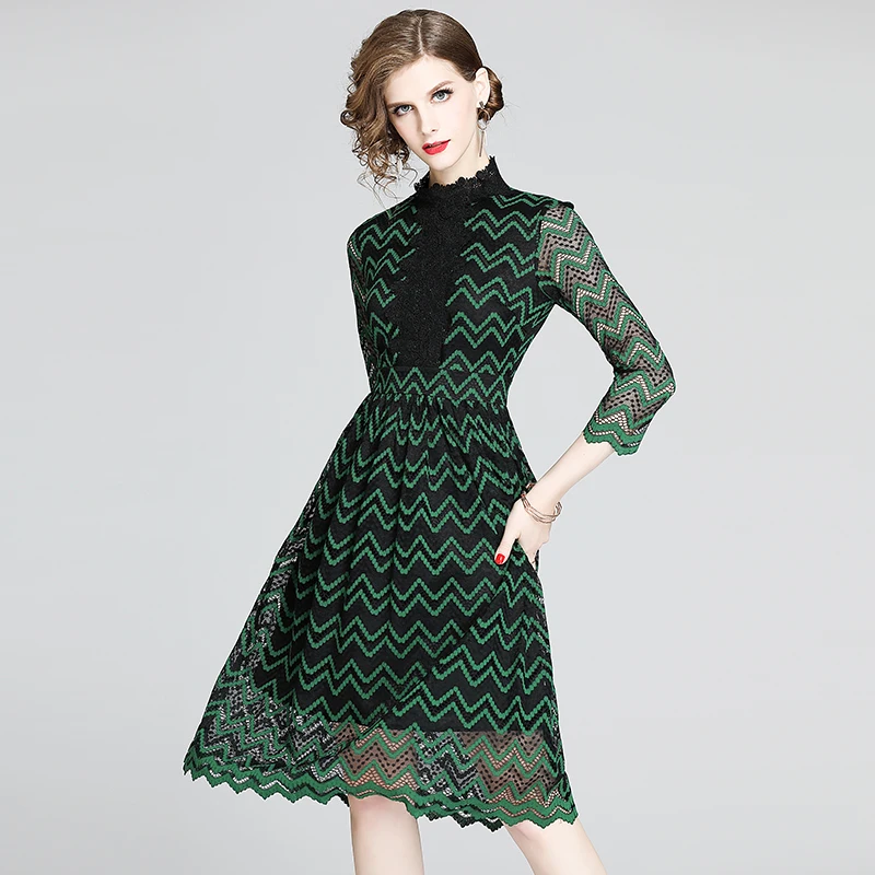 

LUKAXSIKAX 2020 New Spring Autumn Women Dress High Quality Green Wavy Stripes Lace Dress Elegant Slim Party Dresses
