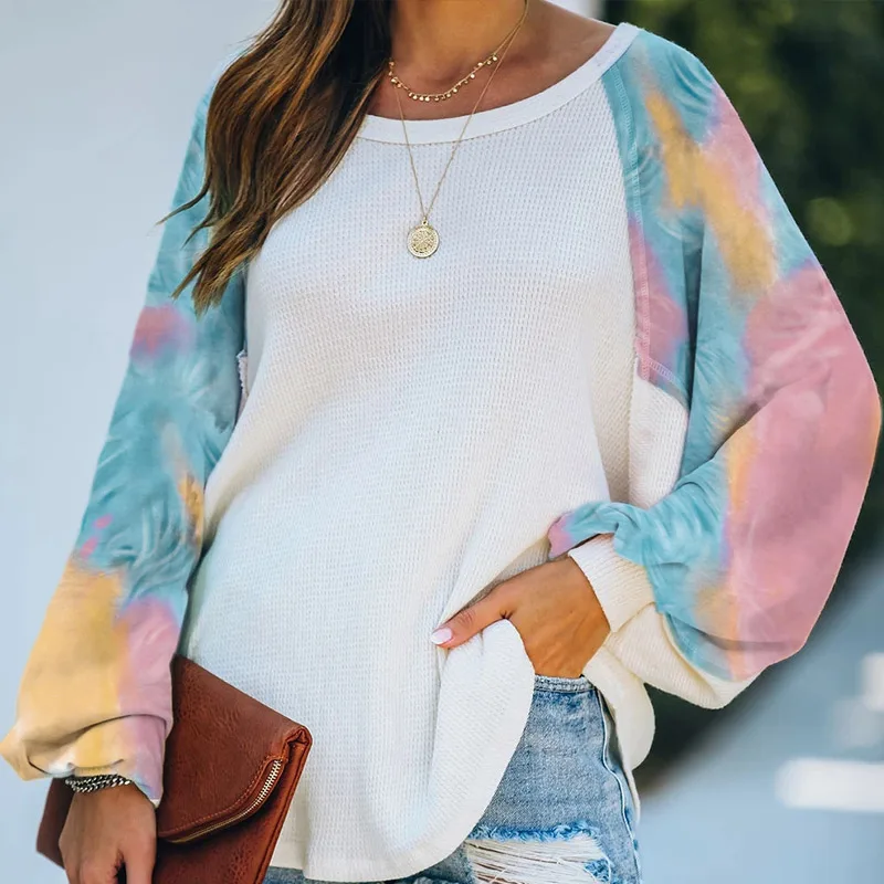 

Colorful Print Patchwork Batwing Sleeve Women Sweatshirt Loose O Neck Female Pullover 2021 New Autumn Fashion Ladies Hoodies