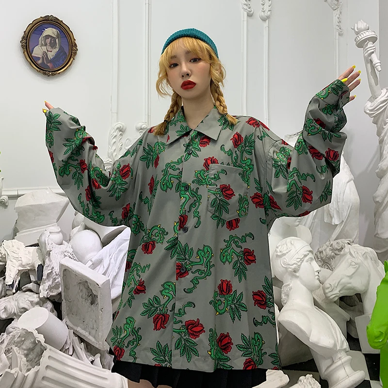 Женские летние рубашки Kawaii Ulzzang милая Ретро рубашка с длинным рукавом и принтом