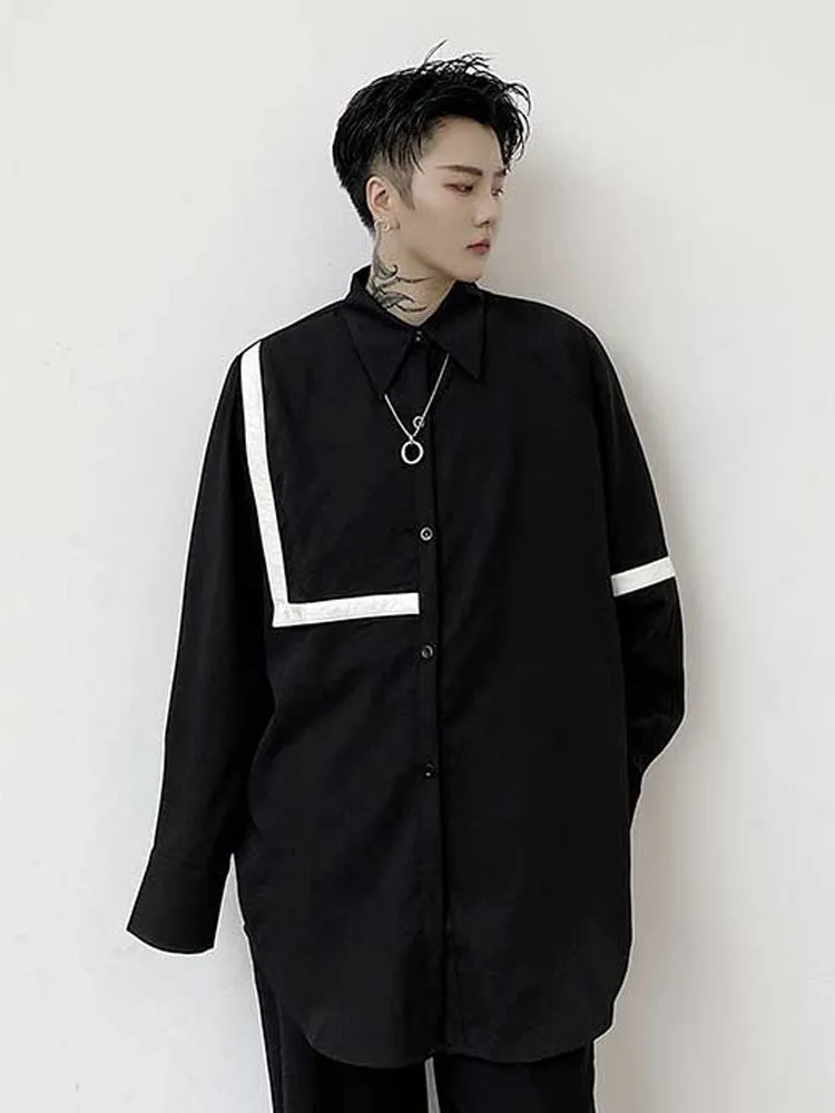 

New Man Japan Harajuku Streetwear Fashion Casual Loose Long Sleeve Shirts Net Celebrities White Stripe Splice Shirt for Men