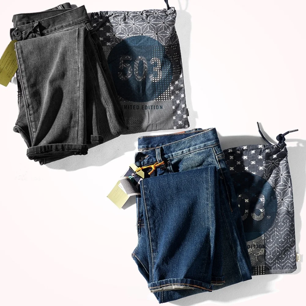 Autumn and Winter Thick Stretch Jeans Men 's American-Style Retro Brushed White Stone Washed Distressed Straight Tapered Denim T