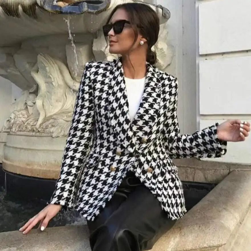

Женское двубортное шерстяное пальто, облегающее офисное пальто из твида черного и белого цветов, верхняя одежда для осени и зимы, 2021