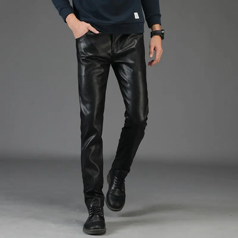 

Брюки мужские из ПУ кожи, прямые мотоциклетные штаны с завышенной талией, облегающие брюки, длинные джоггеры