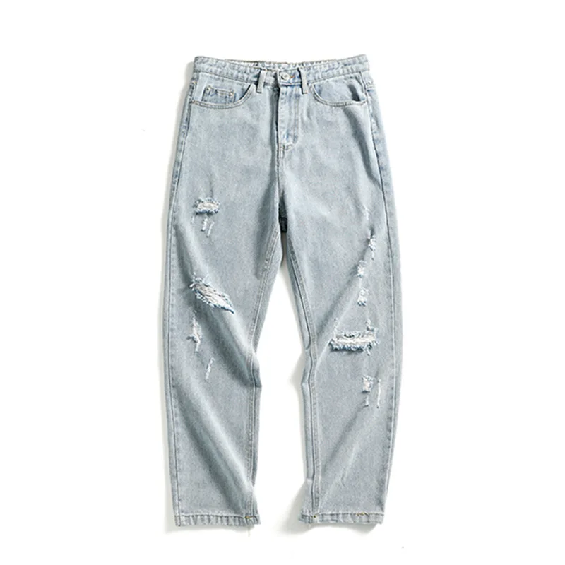 

Light-colored ripped denim jeans 2021 Korean style loose trend straight wild brand hip hop street teenager harem pants