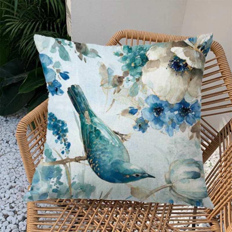 Artistic Oil Painting Design Cushion Cover Vintage Bird And Flower Floral Printed Blue Linen Pillowcase Sofa Throw Pillows Case | Дом и сад