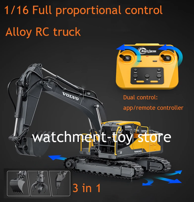 Cami&oacute;n excavadora de Control remoto 3 en 1, cami&oacute;n de ingenier&iacute;a doble E E598 1/16, aplicaci&oacute;n de Control Dual de aleaci&oacute;n y Control remoto-0