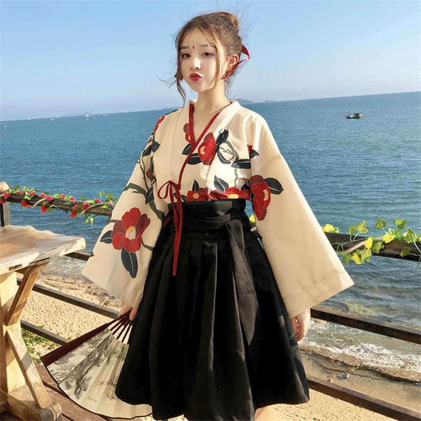 Японский стиль, женское кимоно, летняя мода, цветочный рисунок, Haori, для девочек, 2 шт., топ и юбка, наряды, полный рукав, японское платье для женщин