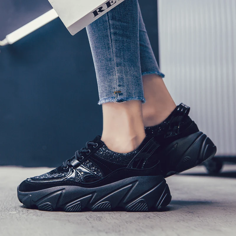 

Chunky Sneakers Ladies Shoes Sneakers Casual Shoes Breathable Women Flats Shoes Thick Bottom Sequins Shiny Shoe Zapatos De Mujer
