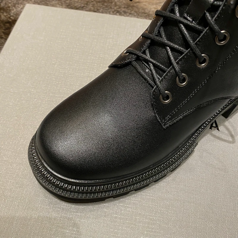 

Genuine Leather Cross Tied Chunky Heels boots Side Zipper Ankle Boots Female Winter Hot Sale Office Lady Shoes Woman size 41 42