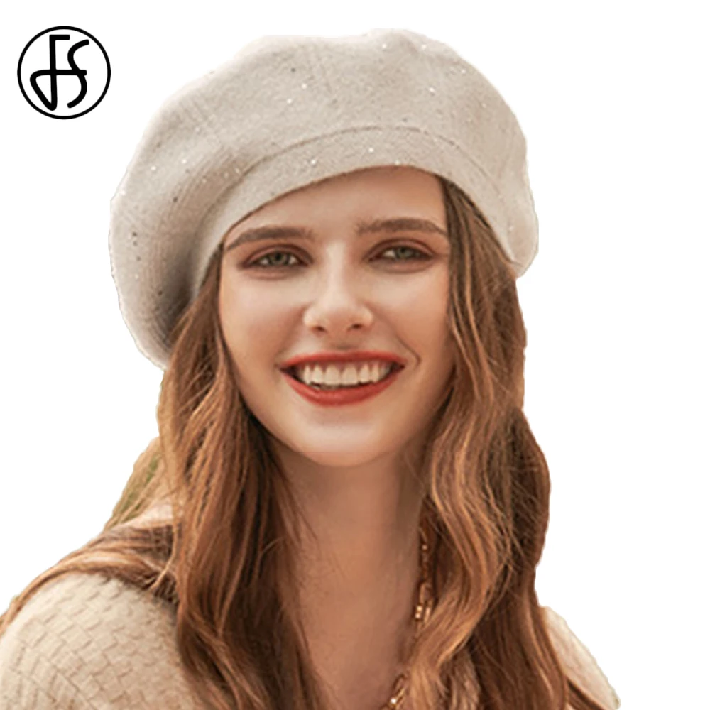 

FS British French Artist Sequins Knitted Berets Hat Women Ladies Female Autumn Winter Warm Painter Octagonal Hats Vintage Caps