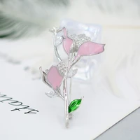 oi elegant fashion pink flower shape brooch enamel copper corsage for women girls suit collar clip pins wedding party jewelry