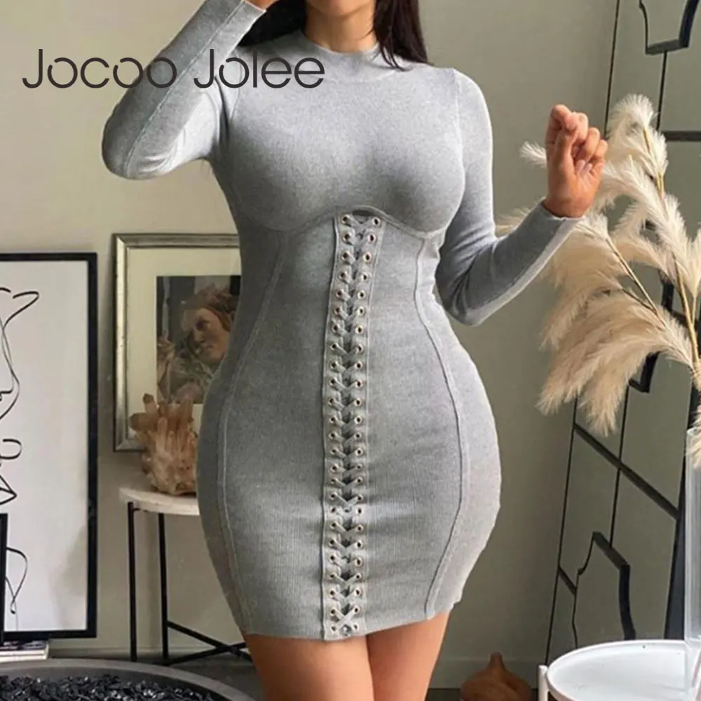 

Jocoo Jolee Women Long Sleeve Knitted Bodycon Dress Sexy Bandage Slim Mini Dress Turtleneck Sweater Dress Party Club Dresses