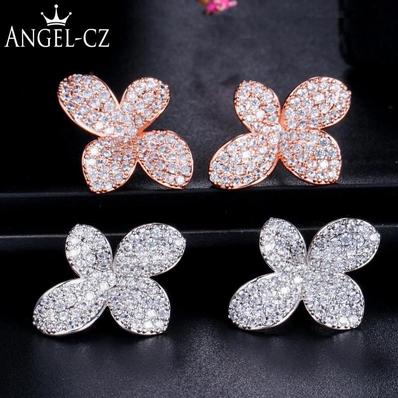 

ANGELCZ Luxury Cubic Zirconia Micro Pave Setting Rose Gold Color Women Party Big Flower Stud Earrings With Silvery Pins AE238