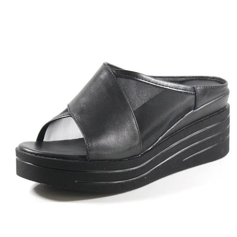 

2020 New Summer Fish Mouth Mesh Sandals Women Genuine Leather Sandals Comfortable Elegant Silppers Non-slip Wear Wedge Sandals