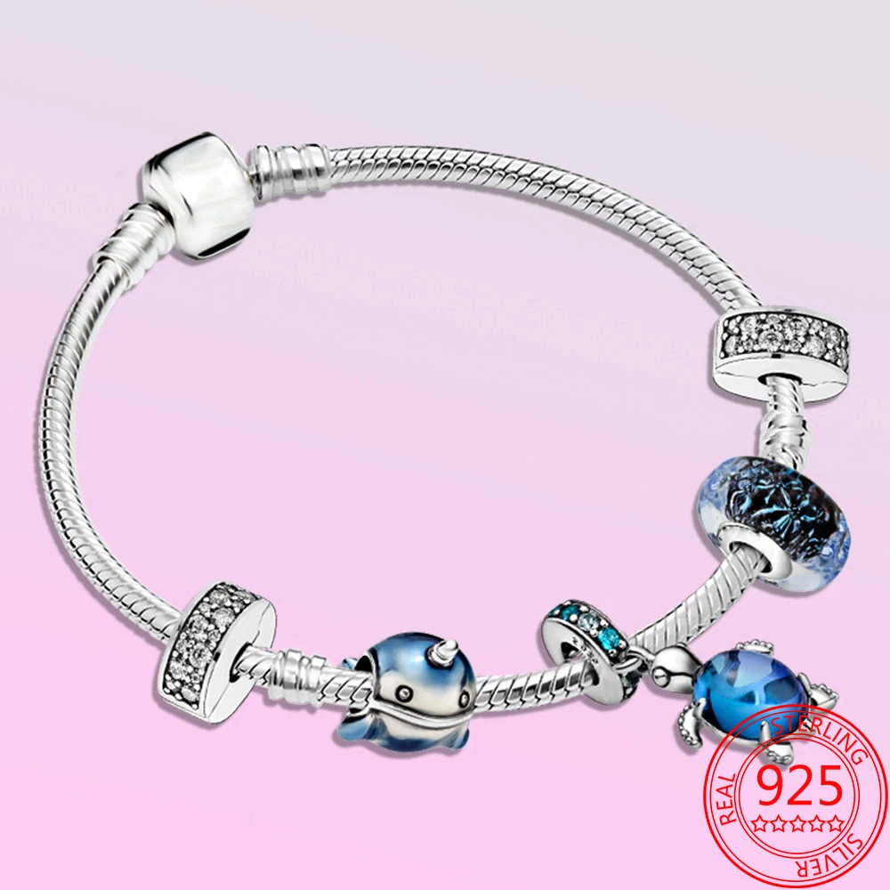 

New Arrivals 925 Sterling Silver Blue Ocean Heart Series Beaded Charms Fit Pandora Moments Bracelet Jewelry Gifts