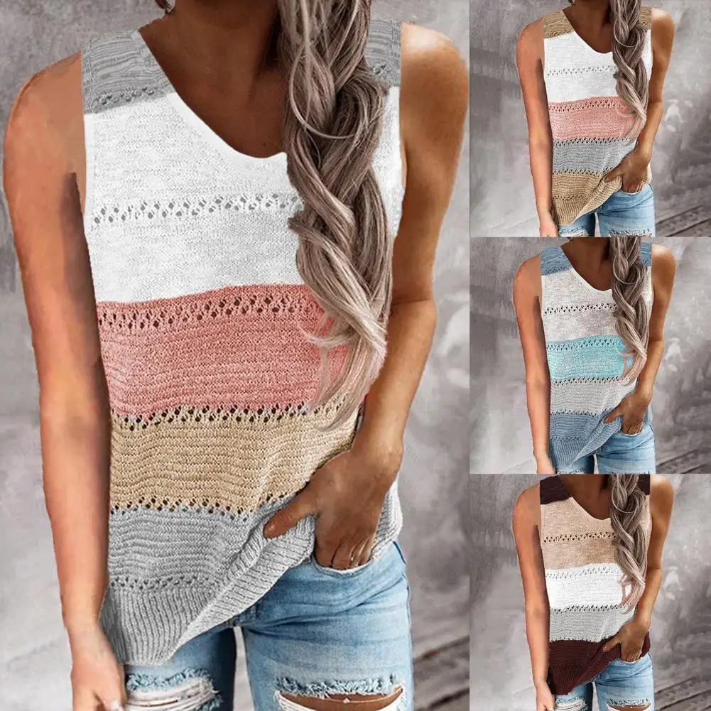 

Casual Women Summer V Neck Sleeveless Color Block Stripes Cotton Sweater Vest Blouse Tops Streetwear