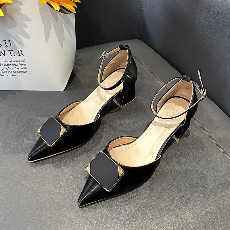 

Spring Elegant High Heels Women BAOTOU Pumps Leather Pointed Toe Bridal Wedding Shoes Temperament Buckle Strap Party Sandals