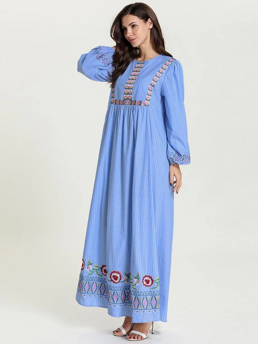 Abayas Дубай синяя полоса вышивка арабское платье для отдыха миди Исламская одежда
