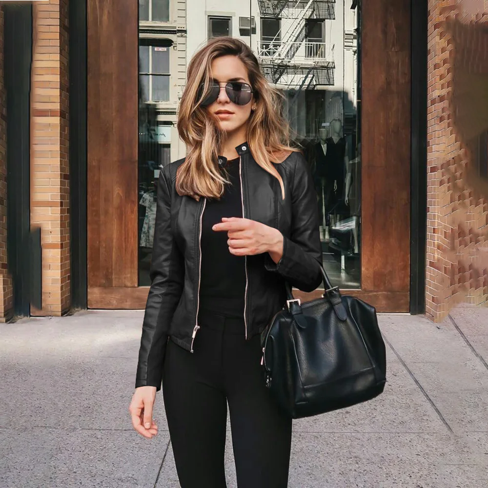Casual Solid Color Zipper Women Jacket 2022 New Product Hot Sale Autumn Winter Fashion Stand Collar Slim Leather PU Small Suit