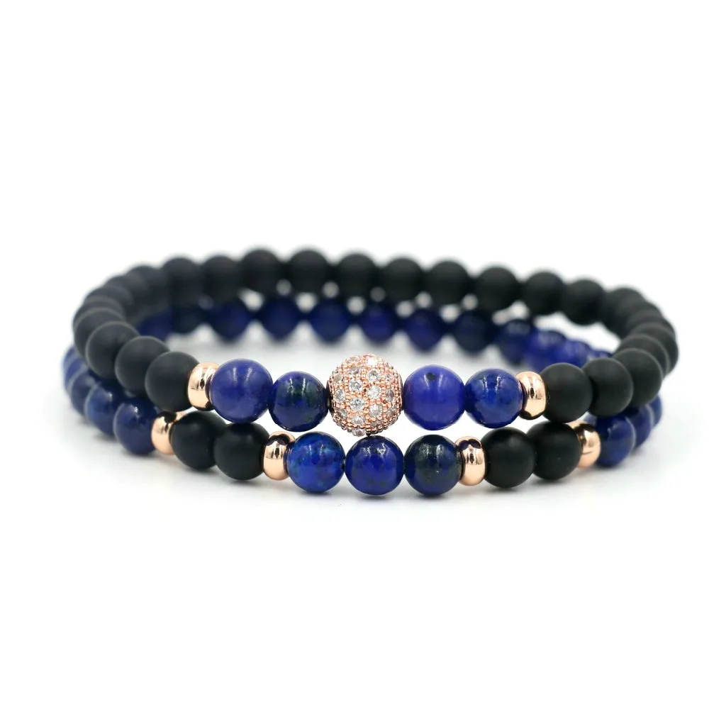 2Pcs/Set Natural Lapis Lazuli Stone 6 mm Beaded Strand White Zircon Ball Bracelets For Men Women Yoga Jewelry | Украшения и