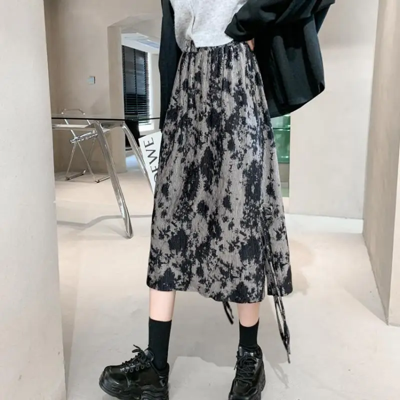 

2021Autumn Winter New Elastic High Waist Slim Sexy Split Long Skirt Korean Casual Retro Women A-line Pleated Skirt Free Shipping