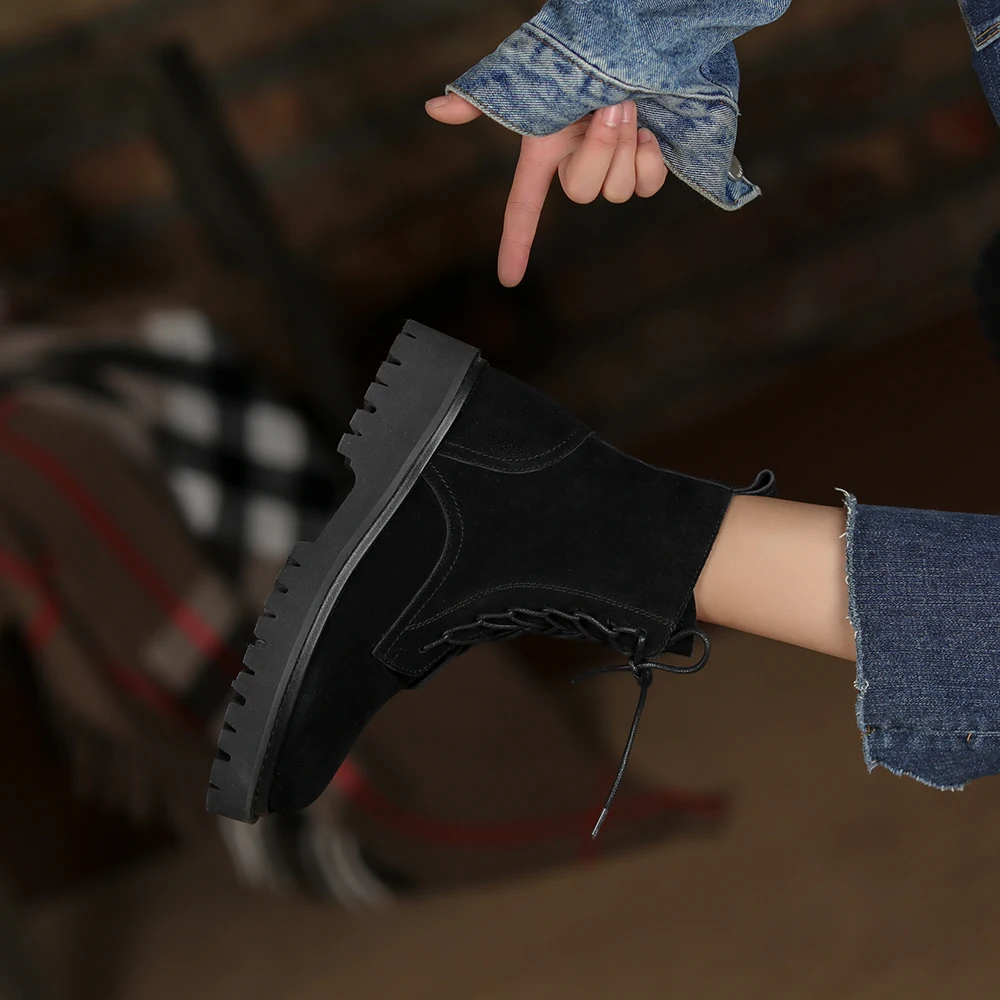 Harga ISNOM Wanita Kulit Asli Putaran Kaki Sepatu Bot Zip Alas Kaki Hangat Bulu Sepatu Bot Salju Fashion Renda Wanita Sepatu Bot Musim Dingin 2020