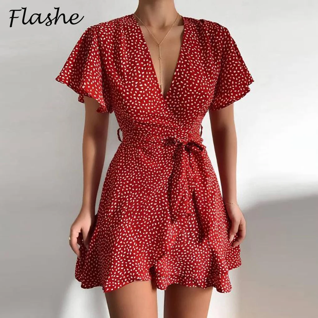 

Женское мини-платье с коротким рукавом, V-образным вырезом и принтом