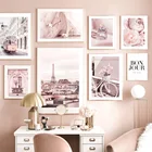 Розовый Париж башня цветы каблуки парфюм трамвай велосипед Vogue настенная живопись холст постеры и принты картинки для декора гостиной