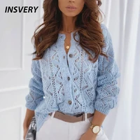 fashion women sweater o neck solid hollow out button knitted sweater cardigan female long sleeve casual sweater 2021