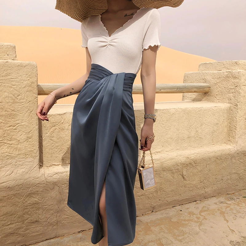 

Women High Waist Asymmetrical Ruched Skirts Vintage Irregular Side Split Skirt for Female Fashion 2020 Summer Clothing New