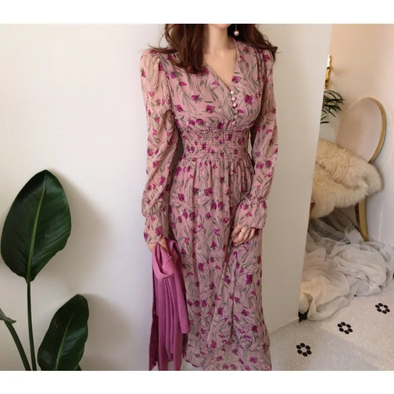 

2021 Spring Elegant Floral Women Dress Print Chiffon Party Long Sleeve Long Skirt Fashion V-neck Slim Waist A Line Dresses