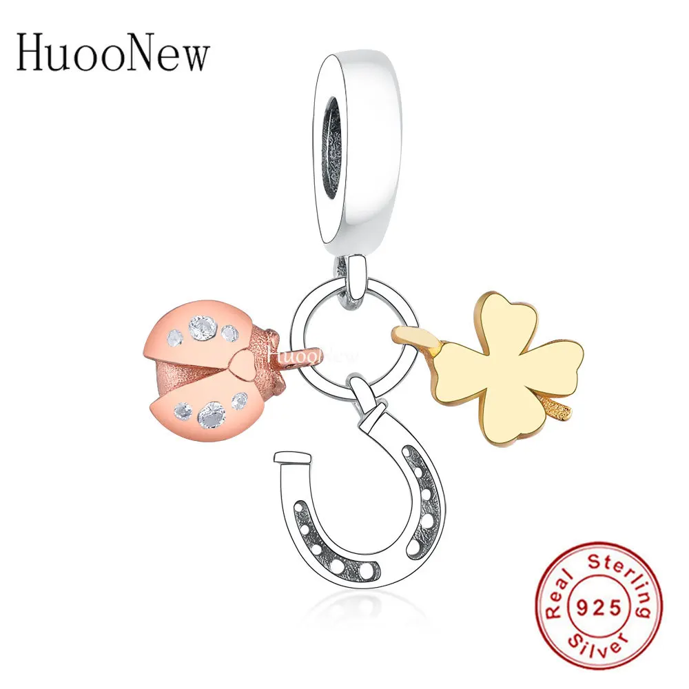Лето 2019 серебро 925 пробы Подкова Клевер Божья коровка болтается Шарм подходит