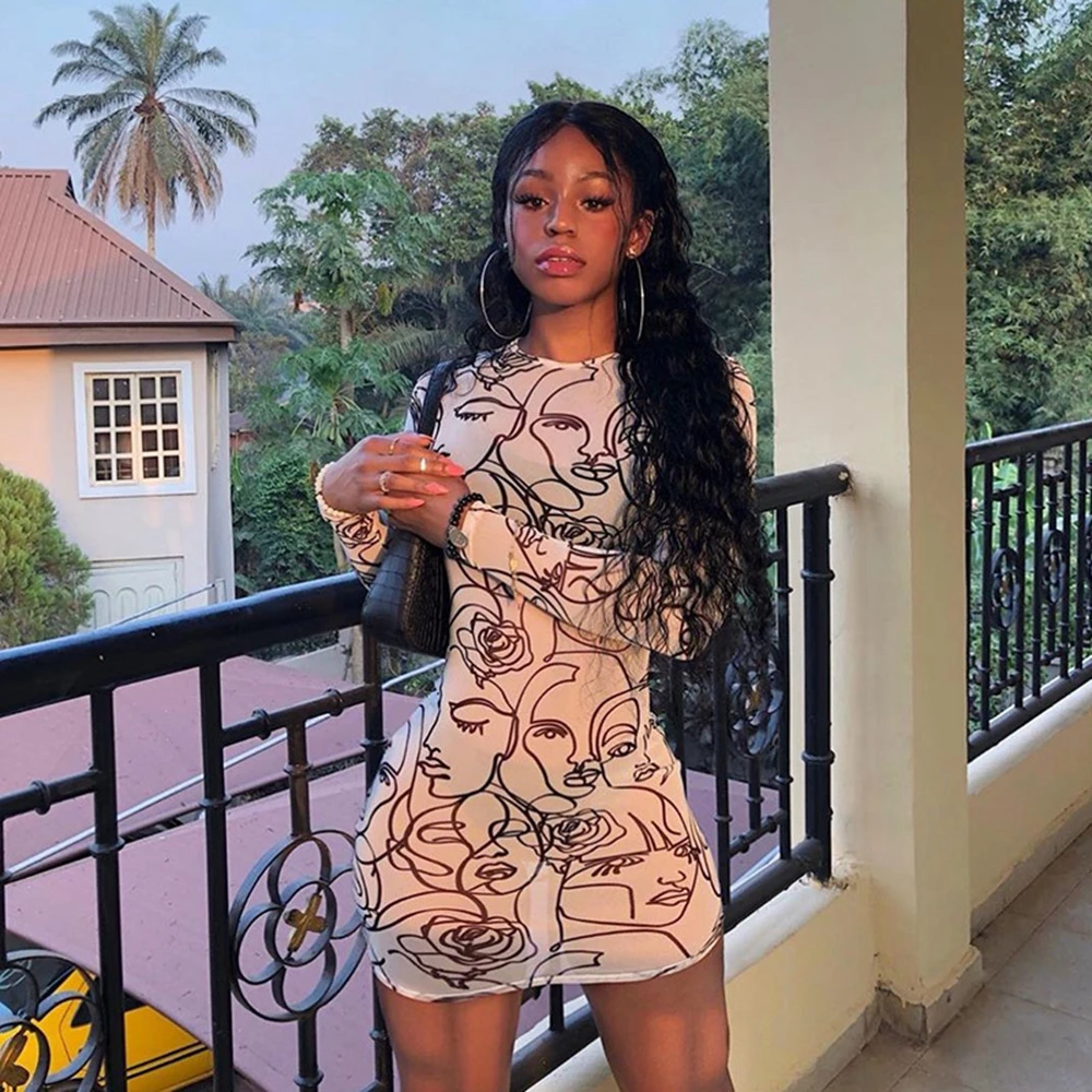 

STYLISH LADY Graffiti Printed Casual Dress 2020 Spring Summer Women Long Sleeve O Neck Mesh Bodycon Club Party Mini Dress