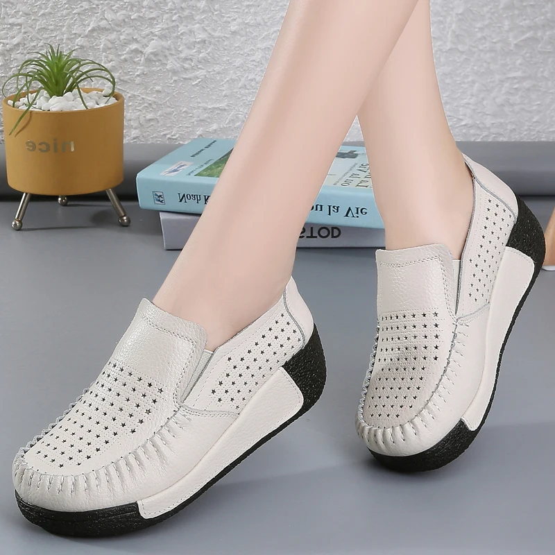 

Genuine Leather Woman's Casual Shoes Slip-on Females Flats Sneakers Hollow Lofers Breathable Ladies Moccasins Zapatillas Mujer