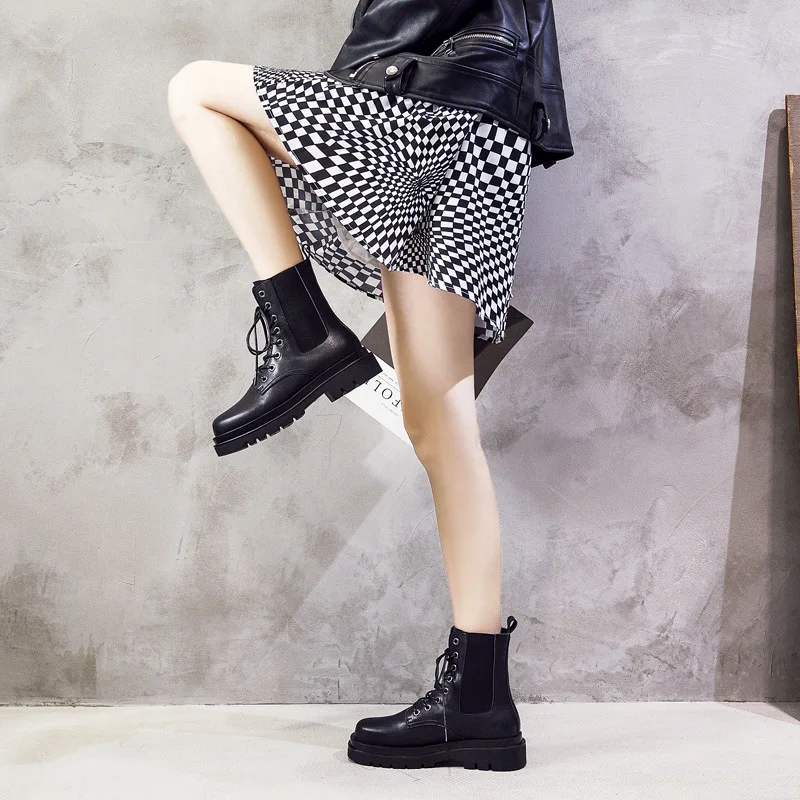 

2020 fashion genuine leather lace up Chelsea Boots women flat platform round toe med 4cm heel Spring/Autumn female black shoes