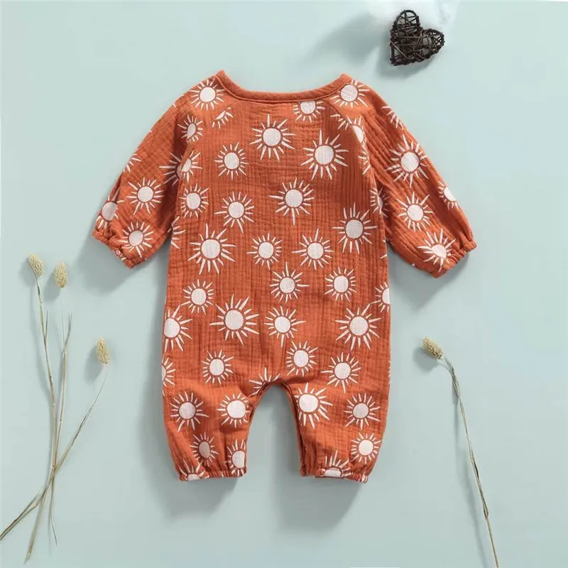 

Baby Cotton Linen Rompers Autumn Toddler Infant Kids Boys Girls Sun Print Long Sleeve Rompers Jumpsuits Overalls Long Pants