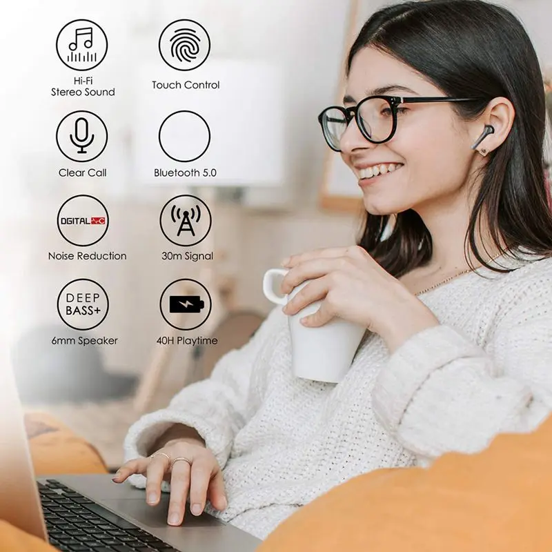 

Wireless Earbuds HiFi Bluetooth Headphones with USB-C Fast Charging TWS Stereo Earphones Mic Headset Noise Cancelling