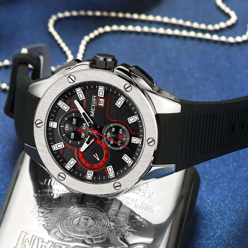 2019 MEGIR высококачественные мужские спортивные часы хронограф силиконовый ремешок