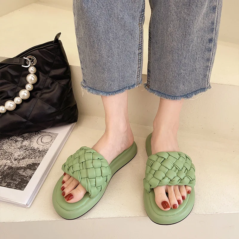 

Shoes Woman's Slippers Slides Fashion 2021 Flat Summer Luxury Bonded Leather Rome Microfiber Basic PU Rubber Female Shoes Slippe