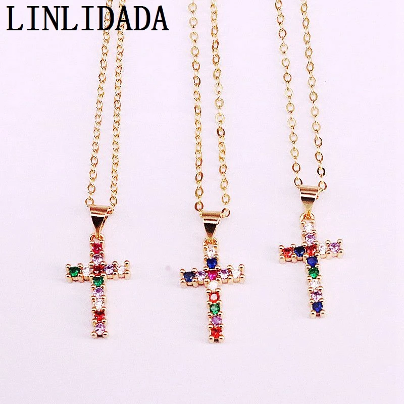 8 шт. Позолоченные Модные радужные CZ микро паве многоцветные циркониевые Кресты