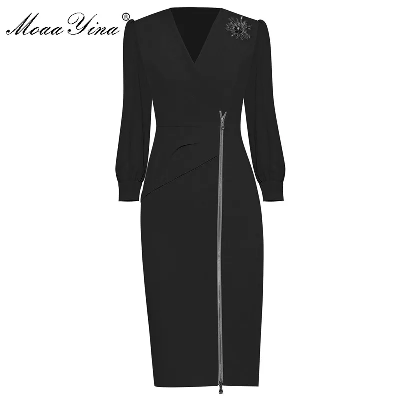 

MoaaYina Fashion Designer dress Spring Women's Dress V-neck Ruched Zipper Package hip Split Office Lady Dresses