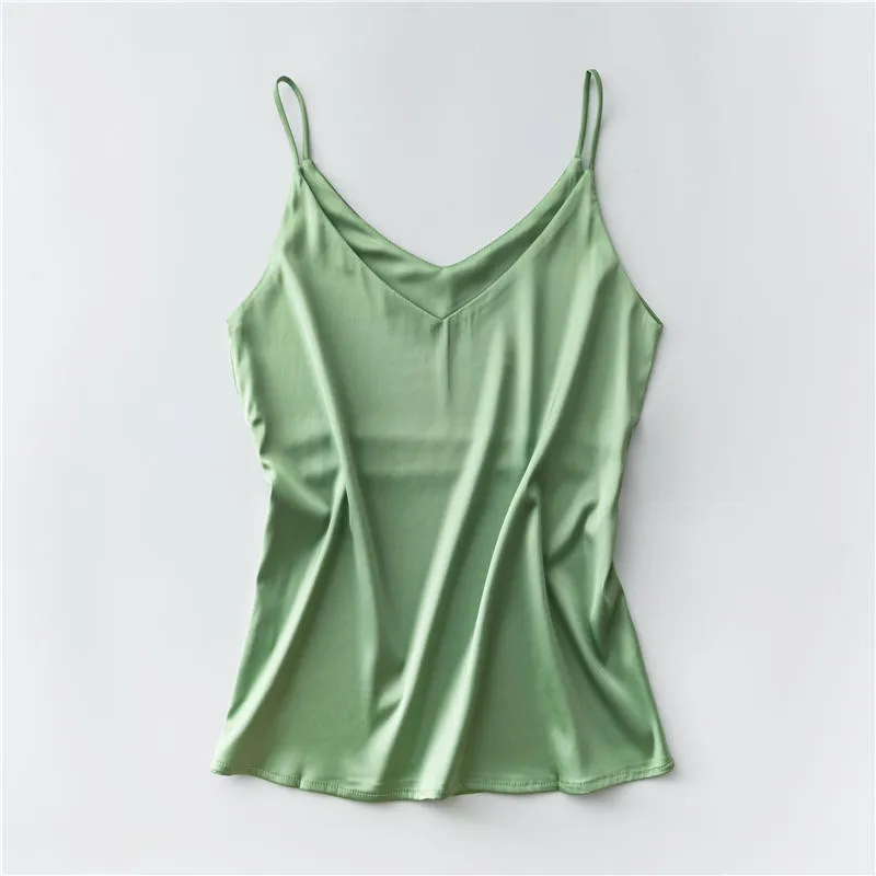 Light green Женские сексуальные базовые Топы с v-образным вырезом, летние Сатиновые шелковые топы на бретелях, блузы, повседневные женские майки, майки, женские рубашки размера плюс - Цвет: Light green