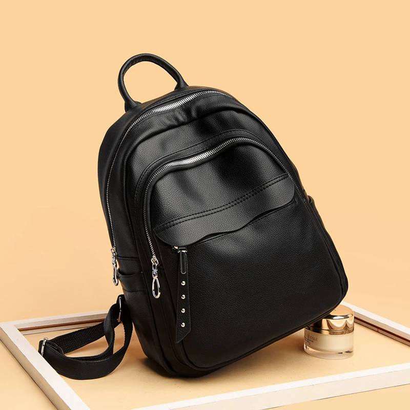 

Женские черные рюкзаки из мягкой кожи, винтажные дамские сумки на ремне, повседневные дорожные дамские портфели, школьные ранцы
